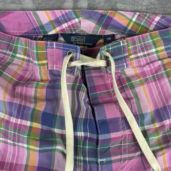 Polo Ralph Lauren Board Shorts‎ Mens 38 Pink Plaid Drawstring Preppy Green Pony - Picture 16 of 16